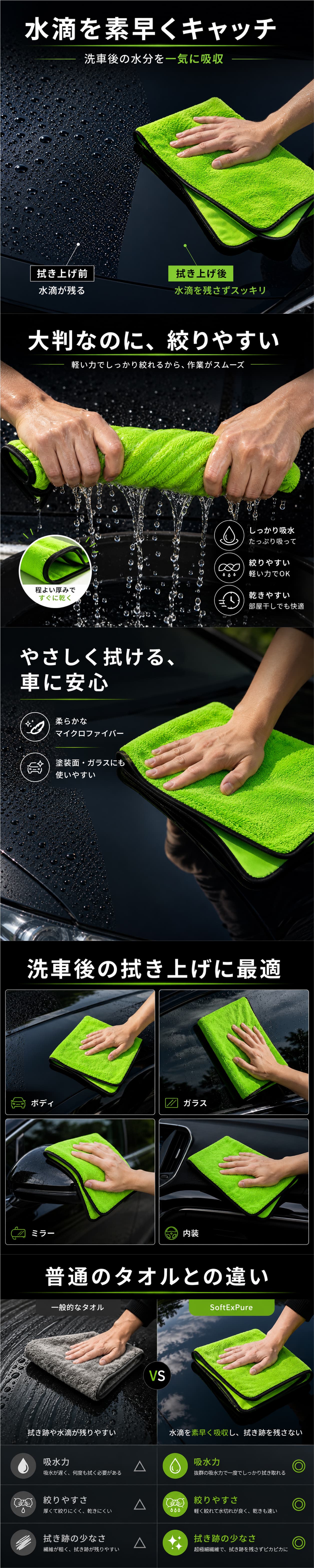 高吸水 マイクロファイバー 軽量・絞りやすい 水滴拭き取り 洗車タオル ボディ・ガラス対応 グリーン